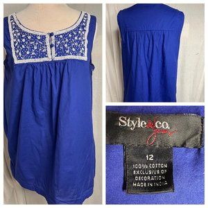Style & Company Jeans Baby Doll Tank 12 Royal Blue Cotton Beaded Cotton